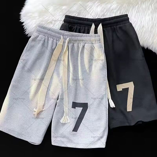 Casual Loose American Retro Clothing Trendy Brand Number 7 Oversized Sweatpants Hip-hop Street Punk Loose Waffle Shorts Men