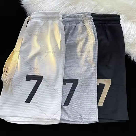 Casual Loose American Retro Clothing Trendy Brand Number 7 Oversized Sweatpants Hip-hop Street Punk Loose Waffle Shorts Men